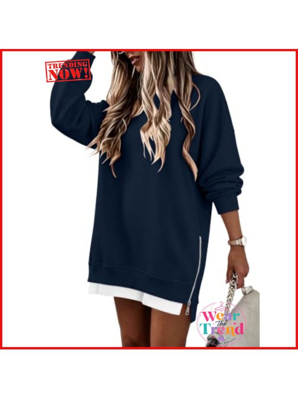 Oversized Crew Neck Sweatshirt Side Zipper Split Pullover Loose Fit Tunic